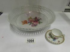 A Dresden reticulated hand painted bowl