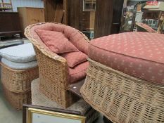 A cane conservatory chair, 3 stools and