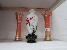 2 Carnival glass vases and one other