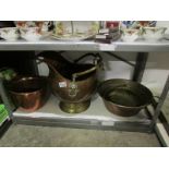 A copper coal scuttle, 2 copper pots and