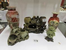2 Satsuma vases and 3 soapstone figures
