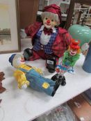 A Murano glass clown and 2 clown dolls i