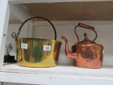 A brass jam pan and a Victorian copper kettle