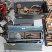 A metal tool box and contents together with 2 cases of vintage tools and sharpeners