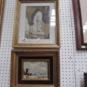 A framed and glazed print and a gilt framed windmill scene