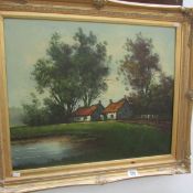 A framed oil on canvas of cottage in landscape by Bungy