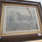 A 1930's oak framed black and white photograph of a mare and foal (approx.
