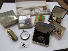 A mixed lot including 9ct gold pendant on chain, silver pocket watch, silver plate cigarette box,