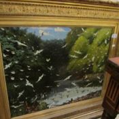 A gilt framed painting on canvas of seagulls in flight (attributed to J Blackburn)