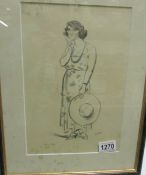 A framed and glazed drawing of a lady initialed I O W and entitled Marie Stopes