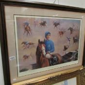 A framed and signed print of 'Frankie Dettori's Ascot Seven' bu B. R. Linklater, approx.