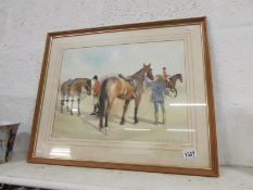 A framed and glazed watercolour of horses with fox hunters signed Erich day