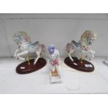2 porcelain carousel horses and a rocking horse