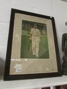 A coloured print of English cricketer Sir Jack Hobbs, in oak frame, approx.