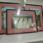 2 framed and glazed watercolours of waterfalls and one other