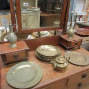 A mixed lot of Middle Eastern brass plates, dishes,