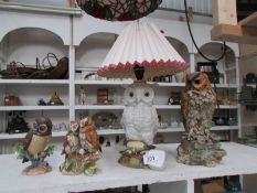 A 1950's owl table lamp and 3 owl figures