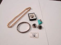 A string of Majorca pearls with silver fittings, a silver and turquoise pendant, a silver ring,