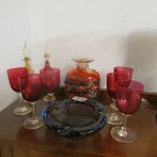 A set of 6 cranberry glasses, A Murano glass dish,