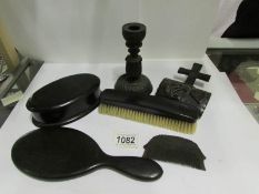 A mixed lot including candlestick, brushes, mirror,