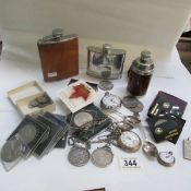 A mixed lot of coins including some silver, 3 hip flasks,