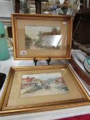 A pair of watercolours depicting figures before rural cottages initialed M.W.
