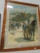 A maple framed chromo-lithograph of a cart horse and children (approx.
