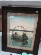 An oak framed print of boat,