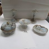 A 5 piece Oriental trinket set including candlesticks