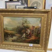 A gilt framed oil on canvas, children at duck pond,