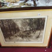 A signed engraving of shepherd with sheep in woods by Joseph Farquharson