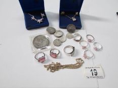 A mixed lot of silver jewellery and coins including 1880 crown