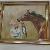 A framed oil on canvas study of Lester Piggott with horse signed Jean Musgrave 1994