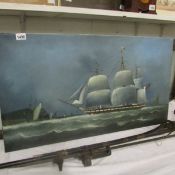 An unframed oil on canvas of a sailing ship