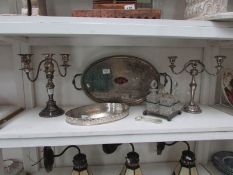 2 silver plated candelabra, 2 trays,