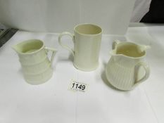 2 Belleek jugs and a Leedsware mug