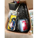 A box of vintage Scalextrix including cars,