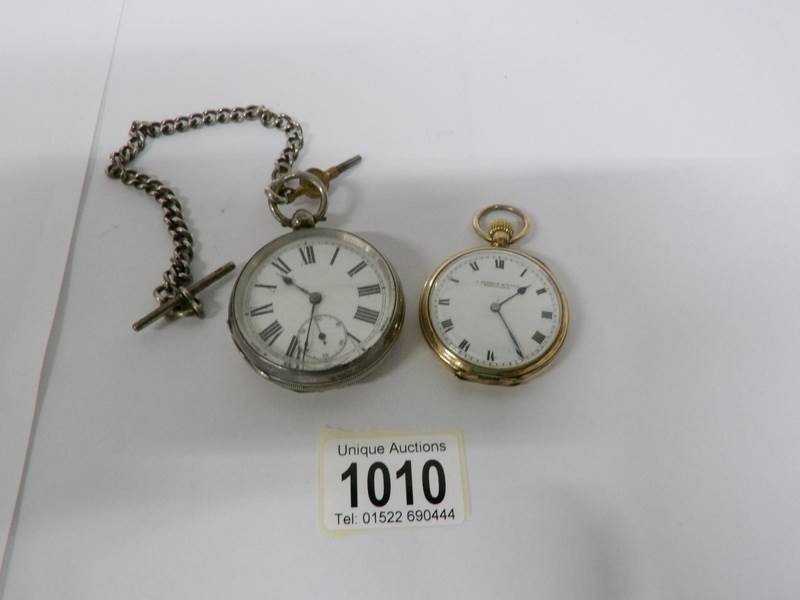 A gent's silver pocket watch on silver chain and a gold plated Sermin & Sons, Sheffield,