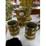 An oak nickel bound jug and 2 mugs