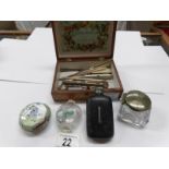 A wooden box and contents including hip flask,