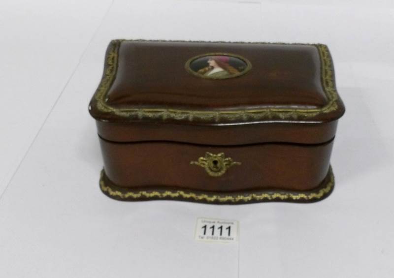 A 19th century French mahogany ormolu mounted jewellery box with painted lady plaque signed Ribo - Image 2 of 9