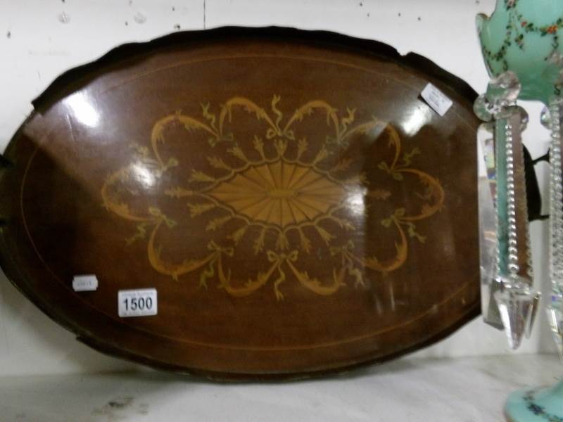 A mahogany inlaid tray, a/f.