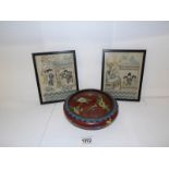 A pair of Japanese embroidered pictures and a cloissonne bowl