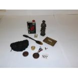 A mixed lot including metal Napoleon (A Foulton), a mother of pearl box, brass stamp box,