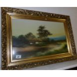 A gilt framed and glazed oil painting thatched cottage scene under diffused glass,