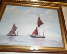 An oil on board 'Thames barges off Harwich' signed Hedley Kett, image 39x29cm,