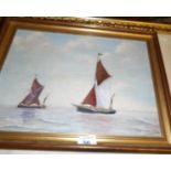 An oil on board 'Thames barges off Harwich' signed Hedley Kett, image 39x29cm,