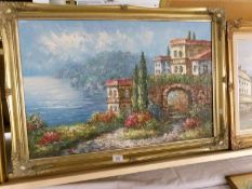 A gilt framed oil on canvas, Continental coastal village scene,