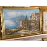 A gilt framed oil on canvas, Continental coastal village scene,