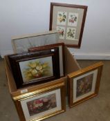 A box of mainly floral paintings and prints